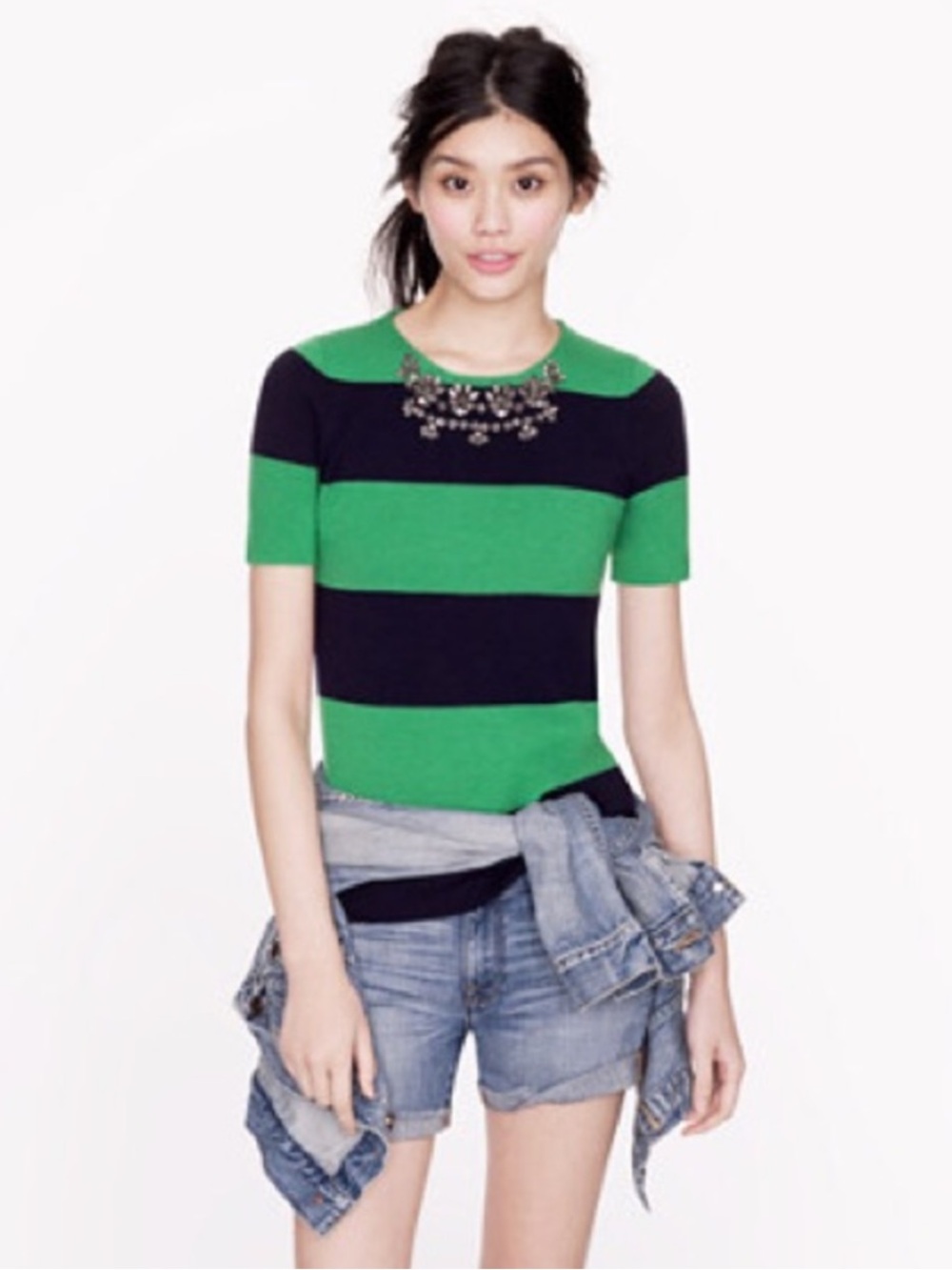 Jcrew striped merino wool short sleeve sweater with statement necklace attached